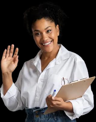 Mulher com prancheta acenando