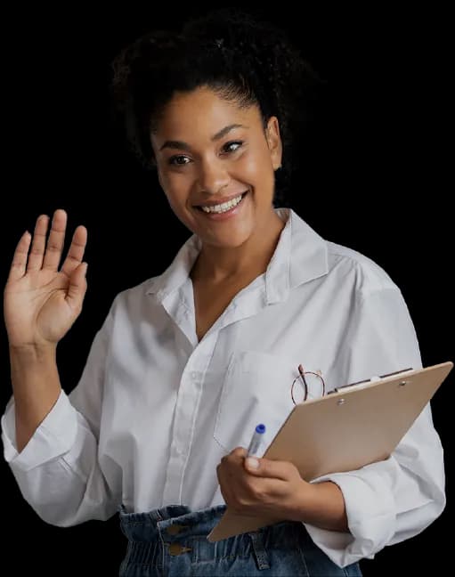 Mulher com prancheta acenando